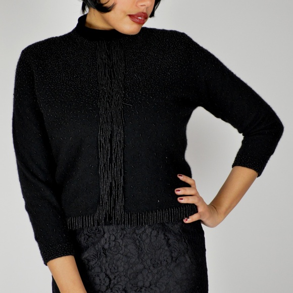 50s Black Beaded Cashmere Angora Cardigan Jacket - Picture 2 of 4